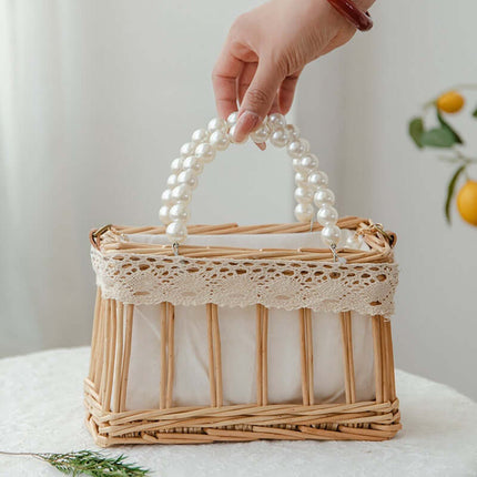 Rattan Woven Crossbody Bag, Vintage Beach Travel  Bag, Willow Handwoven, Faux Pearl, Handheld Basket Bag