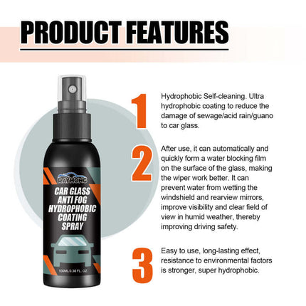 Car Cleaning Spray, Windshield & Rearview Mirror Suitable, Reduce Water Stains, Multi-Stain Cleaning, Hydrophobic, Water Repellent, Anti-Fog, Easy to Use  Rayhong