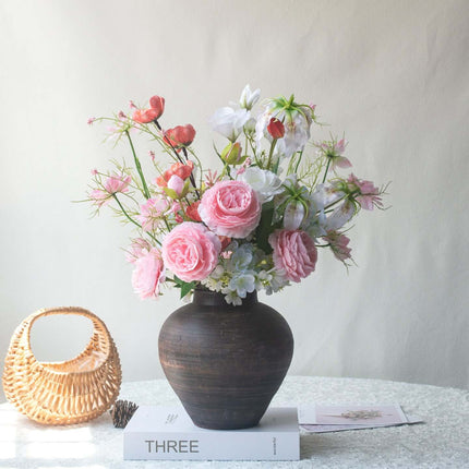 Handmade Pink-white Silk artificial flower arrangement in a dark vase with pink and white blooms.