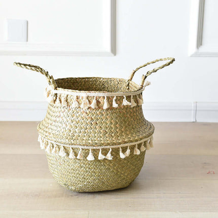 Handwoven Straw Hanging Planter, Storage Basket, Foldable, Tassel Basket, Multiple Sizes,Plant Pot