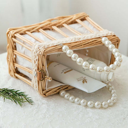 Rattan Woven Crossbody Bag, Vintage Beach Travel  Bag, Willow Handwoven, Faux Pearl, Handheld Basket Bag
