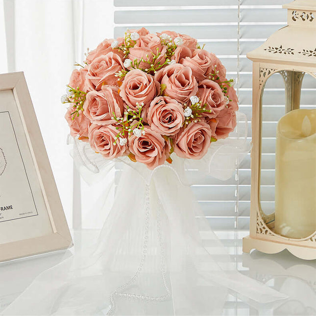 Outdoor Wedding Artificial Rose Flower Bouquet, Bridal Bouquet, Silk-Like Texture, Forest Style, Hand-Held Tulle Bouquet
