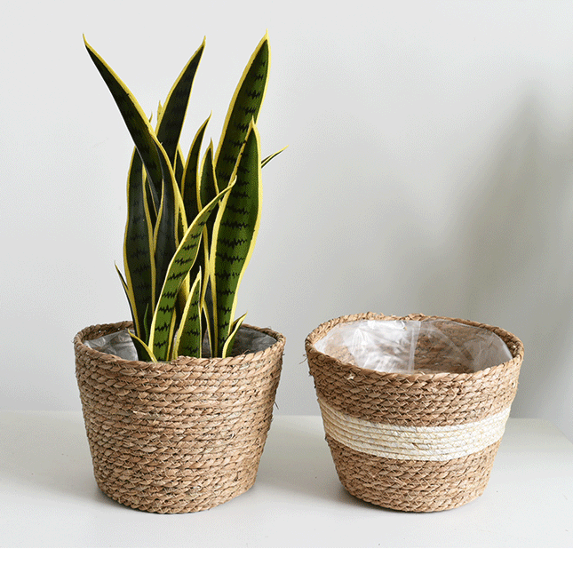 Handmade Cattail Artificial Flower Basket, Potted Green Plant Pot, Storage Basket, Inner Plastic Waterproof Membrane