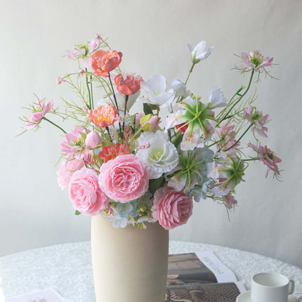 Handmade Pink-white Silk artificial flower arrangement in a vase with pink and white blooms.