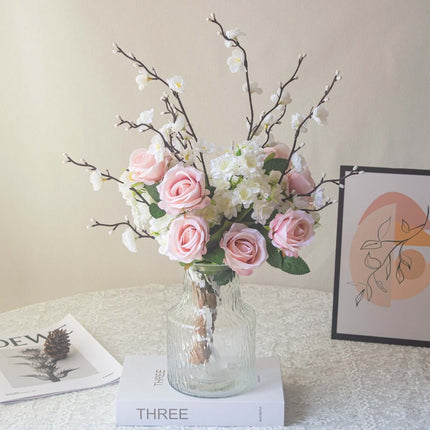 Handmade artificial rose plum blossom arrangement in a glass vase for home decor