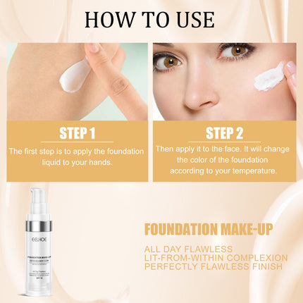 Color-Changing Concealer Foundation liquid, Refreshing & Non-Greasy, Long-Lasting Hydration, Moisturizing, Smudge-Proof, Temperature-Changing, Brighten Complexion, Sheer Finish   EELHOE