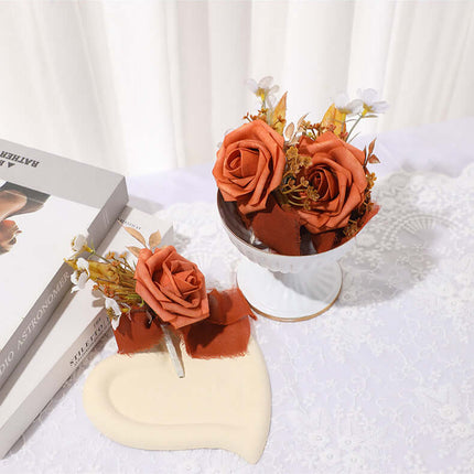 Artificial Rose Flowers Wedding Bouquet, Silk-Like Material, Groom's Boutonniere, Bride's Wrist Corsage, Forest-Style Handheld Bouquet