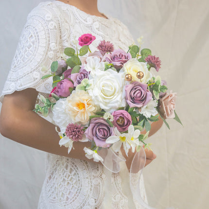 Vintage Purple Bride Bouquet | High Realism Artificial Flowers - Home Decor & Wedding Handheld Bouquet
