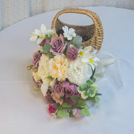 Vintage Purple Bride Bouquet | High Realism Artificial Flowers - Home Decor & Wedding Handheld Bouquet