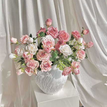 Silk Cloth High-Realistic Menta Rose Artificial Flowers, Handheld Bouquet, Vintage Style, 3 Heads with Faded Edges & Oil Painting Effect, Suit for Wedding Anniversaries/Birthday Gifts