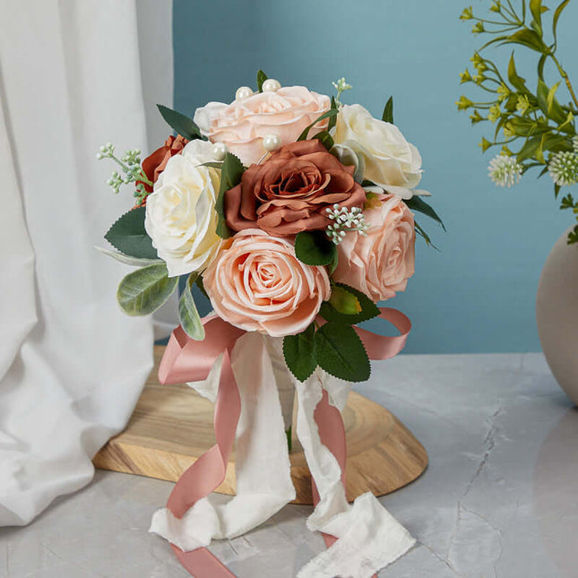 Bridal Bouquet, Artificial Roses Flowers, Wedding Decoration,Silk Like,Water Drop Shape, Wedding Photography Props