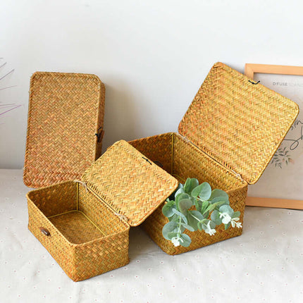 Natural Straw Woven Storage Basket, Cosmetic Gift Organizer Box, Long Square Black Buckle Strap, Flat Lid Souvenir Gift