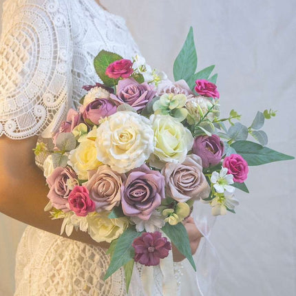 Artificial Bridal Bouquet, Pink Purple Series - High Realism & Nice Touch - Living Room Bedroom Decor - Maintenance-Free