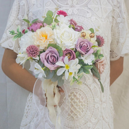 Vintage Purple Bride Bouquet | High Realism Artificial Flowers - Home Decor & Wedding Handheld Bouquet