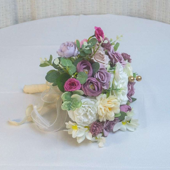 Vintage Purple Bride Bouquet | High Realism Artificial Flowers - Home Decor & Wedding Handheld Bouquet