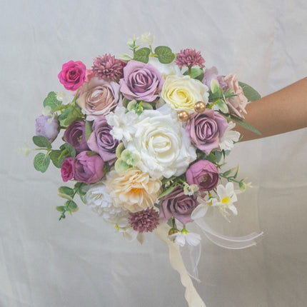 Vintage Purple Bride Bouquet | High Realism Artificial Flowers - Home Decor & Wedding Handheld Bouquet
