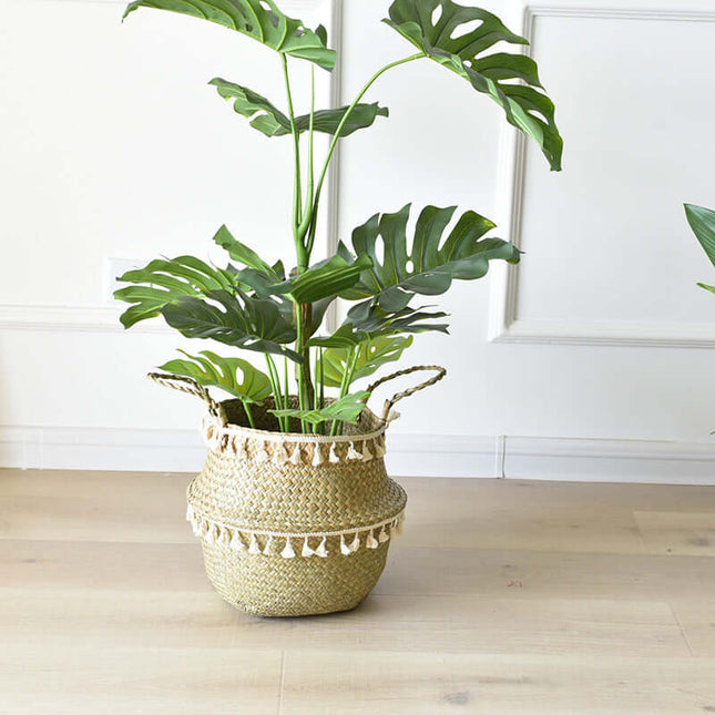 Handwoven Straw Hanging Planter, Storage Basket, Foldable, Tassel Basket, Multiple Sizes,Plant Pot