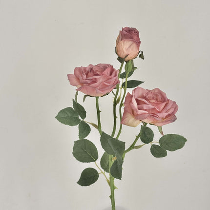 Silk Cloth High-Realistic Menta Rose Artificial Flowers, Handheld Bouquet, Vintage Style, 3 Heads with Faded Edges & Oil Painting Effect, Suit for Wedding Anniversaries/Birthday Gifts