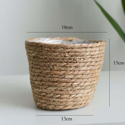 Handmade Cattail Artificial Flower Basket, Potted Green Plant Pot, Storage Basket, Inner Plastic Waterproof Membrane