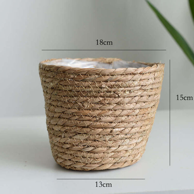 Handmade Cattail Artificial Flower Basket, Potted Green Plant Pot, Storage Basket, Inner Plastic Waterproof Membrane