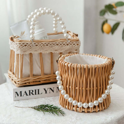 Rattan Woven Crossbody Bag, Vintage Beach Travel  Bag, Willow Handwoven, Faux Pearl, Handheld Basket Bag