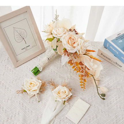 Wedding Bouquet, Artificial Roses Flowers, Teardrop Waterfall Bohemian Style, Wrist Corsage & Boutonniere Set, For Decoration