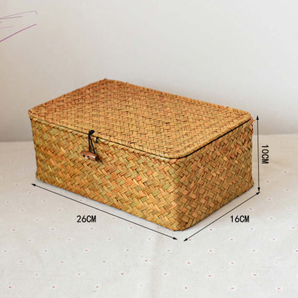 Natural Straw Woven Storage Basket, Cosmetic Gift Organizer Box, Long Square Black Buckle Strap, Flat Lid Souvenir Gift