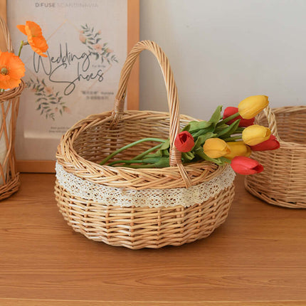 Handwoven Willow Handheld Flower Basket, Woven Lace Storage Basket, Pastoral Style
