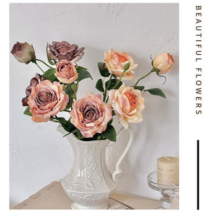 Silk Cloth High-Realistic Menta Rose Artificial Flowers, Handheld Bouquet, Vintage Style, 3 Heads with Faded Edges & Oil Painting Effect, Suit for Wedding Anniversaries/Birthday Gifts