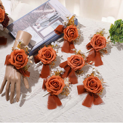 Artificial Rose Flowers Wedding Bouquet, Silk-Like Material, Groom's Boutonniere, Bride's Wrist Corsage, Forest-Style Handheld Bouquet
