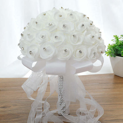 Bridal Rhinestone-Imitation Bouquet, Artificial Roses Flowers,Stylish White Rose Bouquet, PE and Lace, Luxury Wedding Decoration
