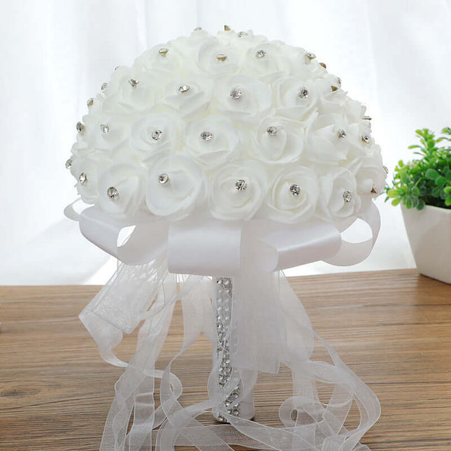 Bridal Rhinestone-Imitation Bouquet, Artificial Roses Flowers,Stylish White Rose Bouquet, PE and Lace, Luxury Wedding Decoration