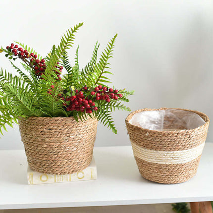 Handmade Cattail Artificial Flower Basket, Potted Green Plant Pot, Storage Basket, Inner Plastic Waterproof Membrane