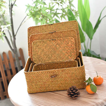 Natural Straw Woven Storage Basket, Cosmetic Gift Organizer Box, Long Square Black Buckle Strap, Flat Lid Souvenir Gift