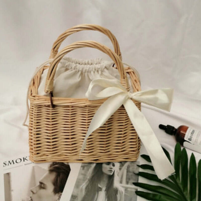 Woven Rattan Flower Basket Handbag, Handmade Wicker Handbag, Braided Vegetable Basket, Fabric Lining, Women's Woven Bag