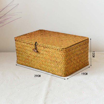 Natural Straw Woven Storage Basket, Cosmetic Gift Organizer Box, Long Square Black Buckle Strap, Flat Lid Souvenir Gift
