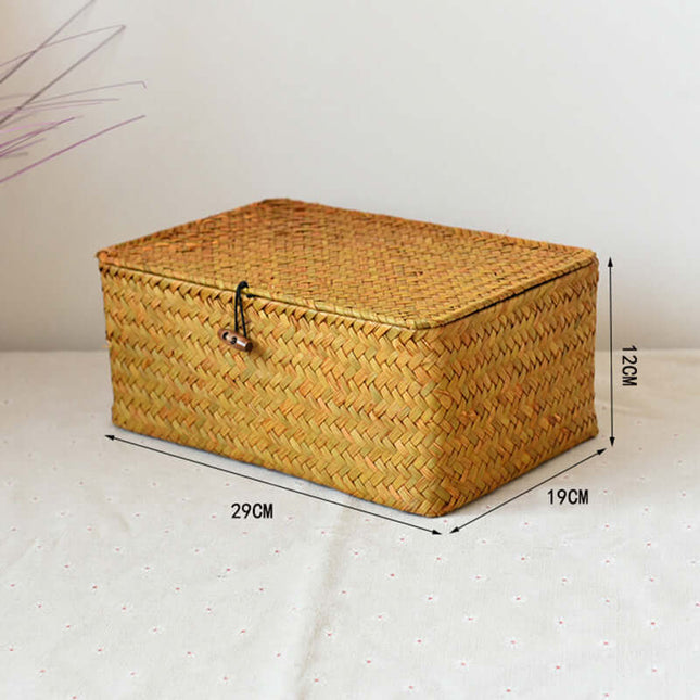 Natural Straw Woven Storage Basket, Cosmetic Gift Organizer Box, Long Square Black Buckle Strap, Flat Lid Souvenir Gift