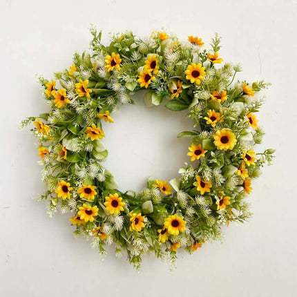 Spring Artificial Daisy Wreath, Artificial Sunflower, Multi-Variety Flowers,Plastic Rattan Ring, Bee Festival , Door Decor