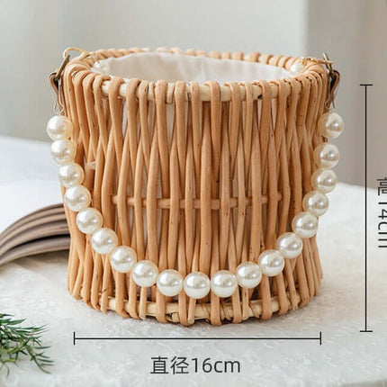 Rattan Woven Crossbody Bag, Vintage Beach Travel  Bag, Willow Handwoven, Faux Pearl, Handheld Basket Bag