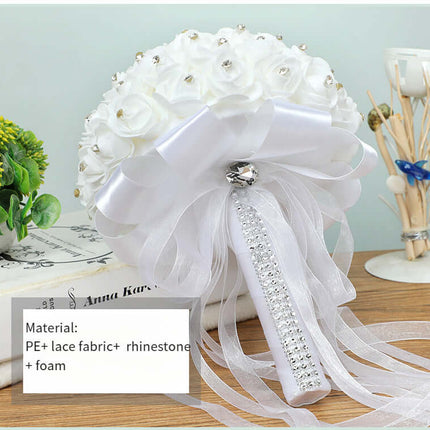 Bridal Rhinestone-Imitation Bouquet, Artificial Roses Flowers,Stylish White Rose Bouquet, PE and Lace, Luxury Wedding Decoration
