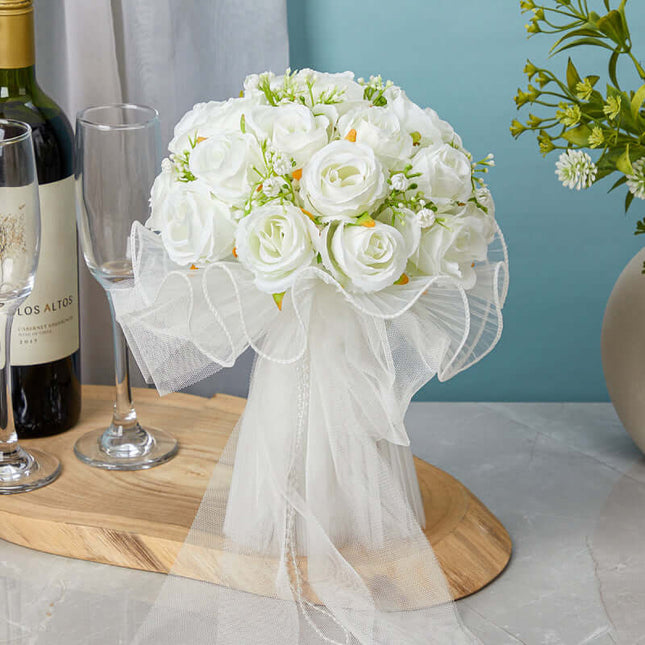 Outdoor Wedding Artificial Rose Flower Bouquet, Bridal Bouquet, Silk-Like Texture, Forest Style, Hand-Held Tulle Bouquet