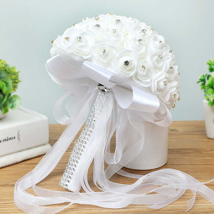 Bridal Rhinestone-Imitation Bouquet, Artificial Roses Flowers,Stylish White Rose Bouquet, PE and Lace, Luxury Wedding Decoration