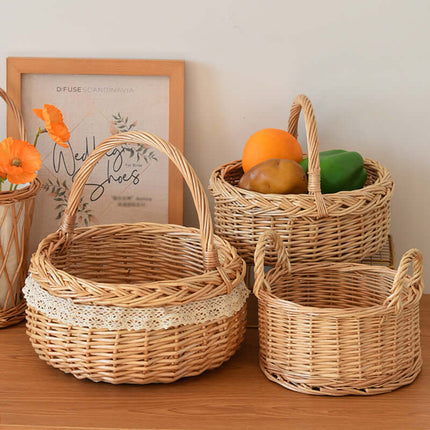 Handwoven Willow Handheld Flower Basket, Woven Lace Storage Basket, Pastoral Style