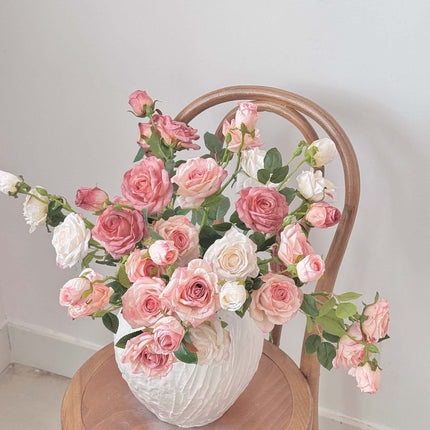 Silk Cloth High-Realistic Menta Rose Artificial Flowers, Handheld Bouquet, Vintage Style, 3 Heads with Faded Edges & Oil Painting Effect, Suit for Wedding Anniversaries/Birthday Gifts