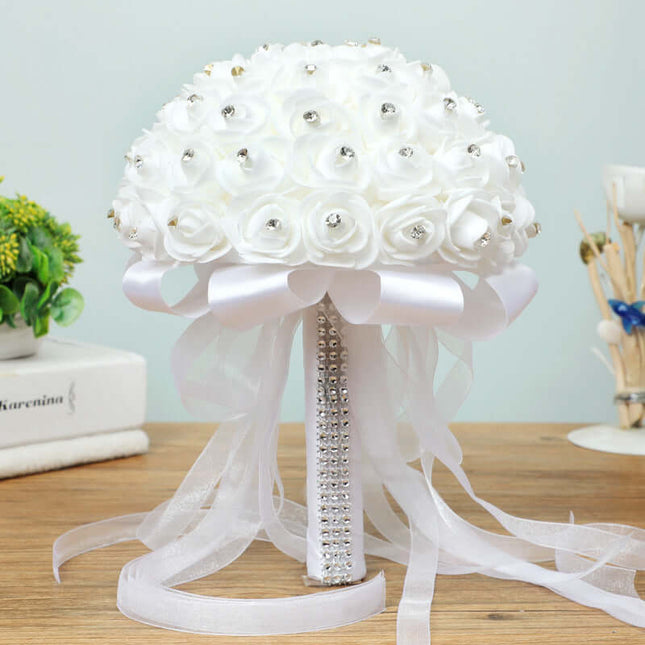 Bridal Rhinestone-Imitation Bouquet, Artificial Roses Flowers,Stylish White Rose Bouquet, PE and Lace, Luxury Wedding Decoration