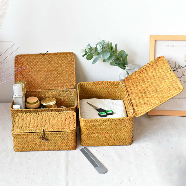 Natural Straw Woven Storage Basket, Cosmetic Gift Organizer Box, Long Square Black Buckle Strap, Flat Lid Souvenir Gift