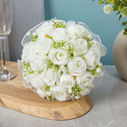 Outdoor Wedding Artificial Rose Flower Bouquet, Bridal Bouquet, Silk-Like Texture, Forest Style, Hand-Held Tulle Bouquet