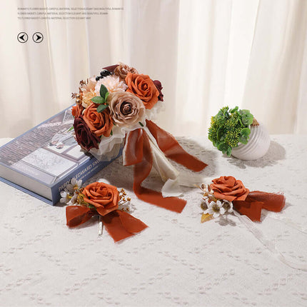 Artificial Rose Flowers Wedding Bouquet, Silk-Like Material, Groom's Boutonniere, Bride's Wrist Corsage, Forest-Style Handheld Bouquet