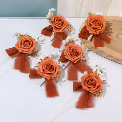Artificial Rose Flowers Wedding Bouquet, Silk-Like Material, Groom's Boutonniere, Bride's Wrist Corsage, Forest-Style Handheld Bouquet
