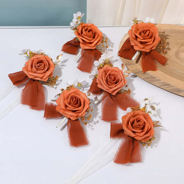 Artificial Rose Flowers Wedding Bouquet, Silk-Like Material, Groom's Boutonniere, Bride's Wrist Corsage, Forest-Style Handheld Bouquet